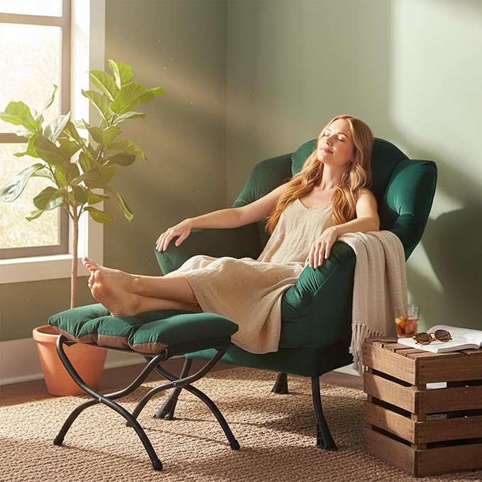Welnow Lazy Chair with Ottoman Modern Accent Chair with Armrests and a Side Pocket Leisure Sofa Armchair Reading Armchair with Footrest for Small Space Dark Green