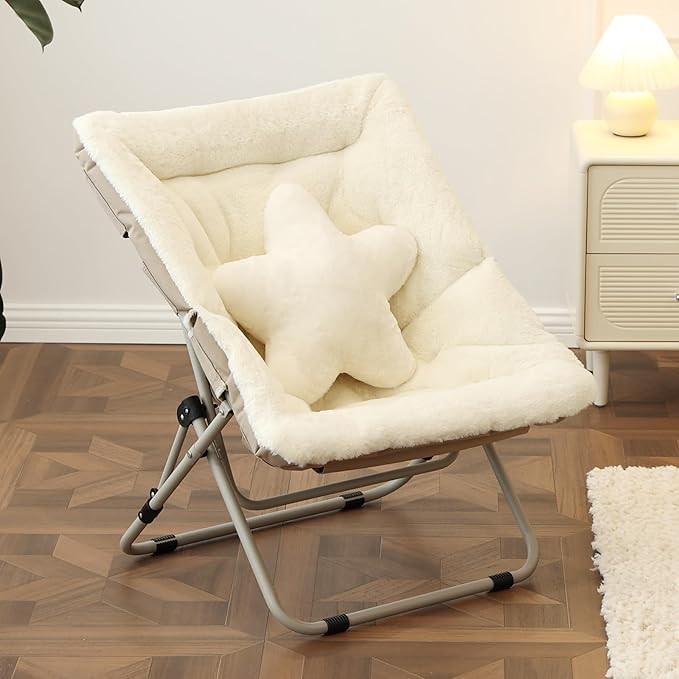 Welnow Comfy Saucer Chair Oversized Folding Reading Chair for Adults with Throw Pillow Soft Faux Fur Lounge Chair for Bedroom Furry Accent Chair for Living Room Dorm Rooms Beige