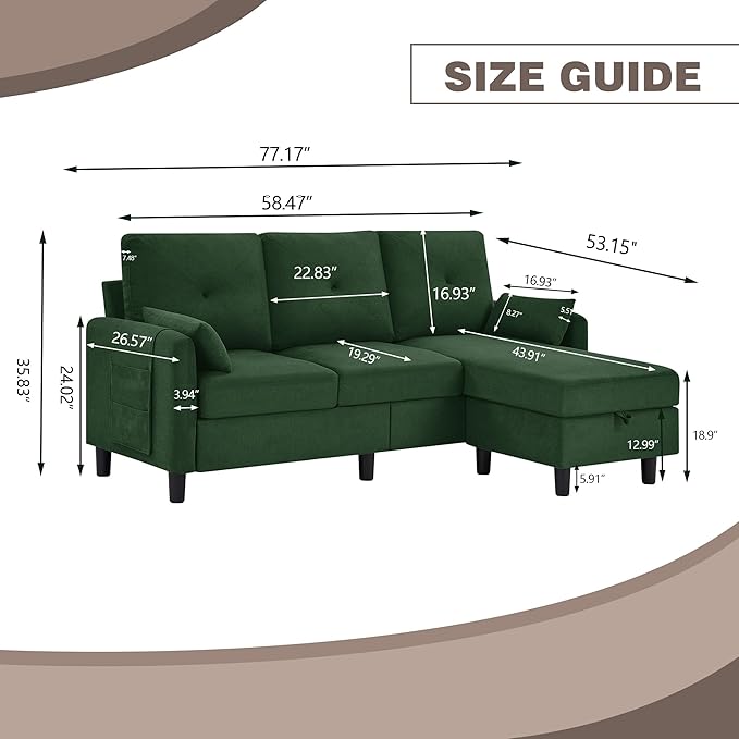 77 Convertible Sectional Couches 3 Seat L Shaped Couch Sofa with Storage Chaise &amp Removable Pillows Linen Fabric Small Couch Mid Century for Living Room Apartment and Office Green