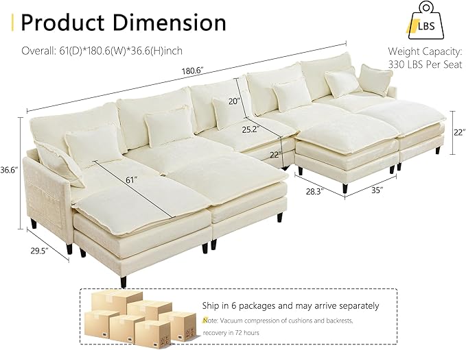 DRMBOOK 180.6'' U Shaped Modular Sectional Cloud Couch Comfy Upholstered 5 Seater Sofa Modern Deep Seat Modular Sofa Couches with Ottoman for Living Room (Chenille Cream Beige 5 Seat+4 Ottoman)