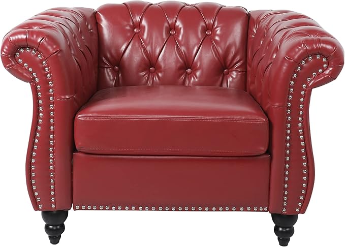 Chesterfield Chair Modern Leather Tufted Accent Sofa Couch Chair with Rolled Arms and Nailhead for Living Room Bedroom Office Apartment (Burgundy)