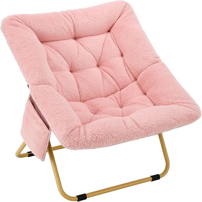 Folding Saucer Chair Comfy Reading Chair with Soft Thick Padded Seat Plush Faux Fur Lounge Chair for Small Space Bedroom Dorm Living Room X-Large Lazy Chair for Adults Teens Kids
