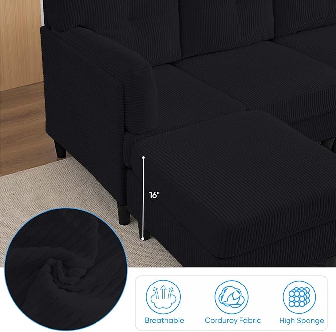 Mjkone Sectional Sofa Couch with Ottoman U Shape Sofa for Living Room Corduroy Convertrible Couches with Double Chaises 6 Seater Sofas for Living Room/Home Office/Guest (Black)
