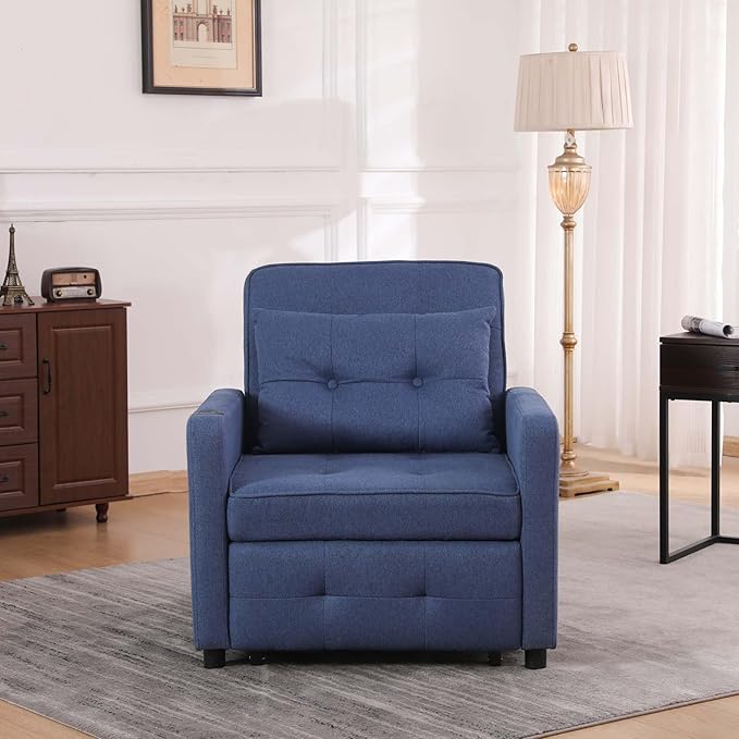 Convertible Chair Bed Sleeper for Adults 3 In 1 Sofa Bed Chair with USB Bedroom Sleeper Chair Pull Out Beds with Adjustable Back &amp PocketFabric Chair That Turns Into Beds For Living Room(Navy B