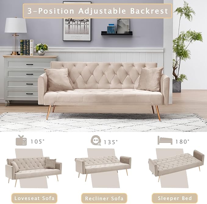 KINFFICT Velvet Futon Sofa Bed with 2 Pillows Convertible Sleeper Sofa Couch with 3 Angle Adjustable Backrest Modern Loveseat with 4 Golden Metal Legs for Living Room and Bedroom