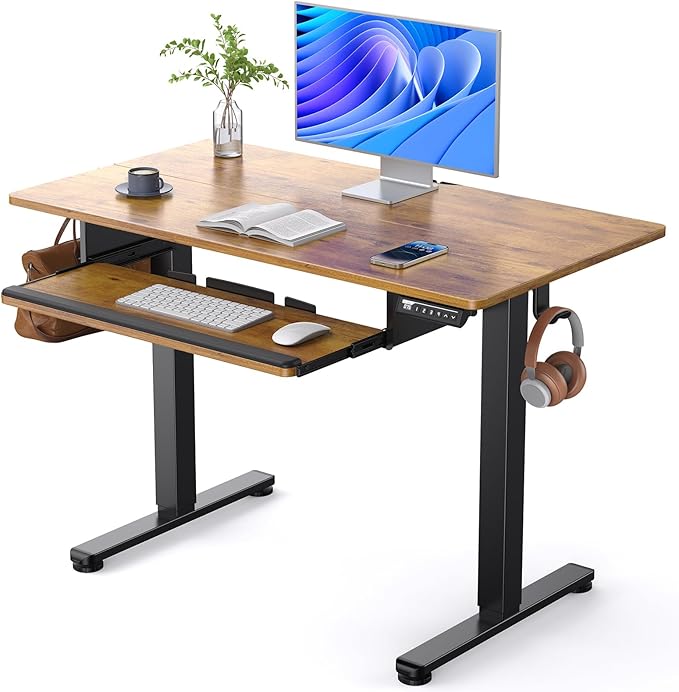 ErGear Electric Standing Desk with Keyboard Tray 44x24 Inches Adjustable Height Sit Stand Up Desk Home Office Desk Computer Workstation Vintage Brown