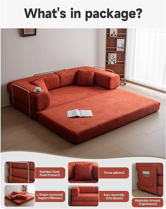 No Assembly Convertible Sofa Bed &amp 79 Boneless Couch with Pocket  5-in-1 Futon Sofa Bed with 2 Pillows Modular Pull Out Couch Bed with FrameCompression in Box for Living Room Small Spaces Orang