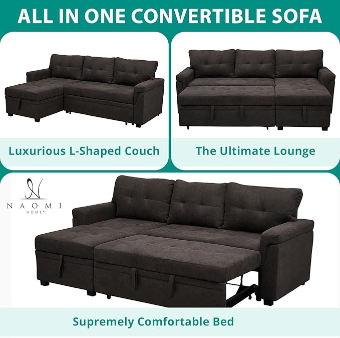Naomi Home L Shaped Sectional Couch with Storage &amp Pull Out Bed – 3-in-1 Convertible Sleeper Sofa Bed Small L Shape Sofa for Living Room Sofa Bed with Storage Chaise in Espresso Velvet