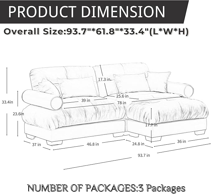 94 Modular Sectional SofaVelvet Upholstered Couches for Living Room3 Seater Beige Sofa Couch with Movable OttomanBig Comfy Loveseat Sofa with Deep Seats for Living RoomApartmentBedroom
