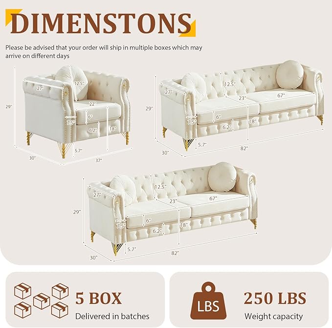 Chesterfield Velvet Button Tufted Sofa 2-Pieces 82&ampChair Modern 7-Deep Seater Couch Retro Style Upholstered Comfy Sectional Sofa for Living Room Bedroom Apartment Office Beige