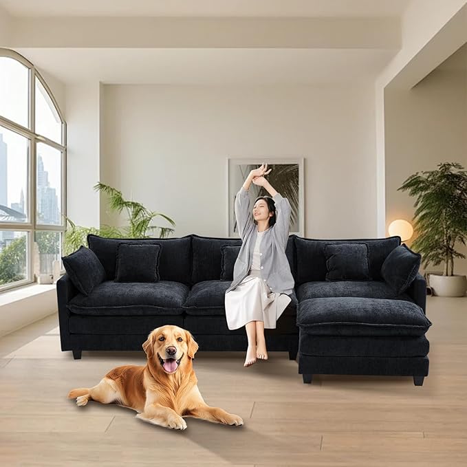 Furniliving 112‘’ L-Shaped Sofa Luxury Chenille Modular Sectional Couches with Ottoman Upholstered Deep Seat Sleeper Sofa with Memory Foam and Waist Pillows Black