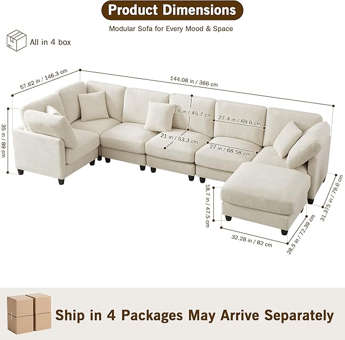 Modular Sectional Sofa Oversized Chenille Cloud Couch with Movable Ottoman 7 Seater Cloud Sectional Couch Convertible L/U-Shape and Sofa Bed Couches for Living Room Beige