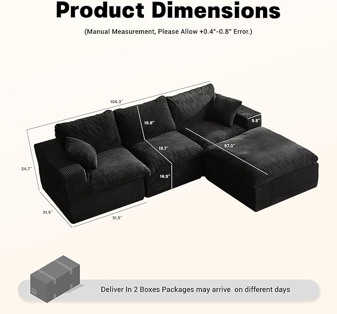 106.3” Sectional Couches for Living Room Set of Cloud Couch Modular Sectional Sofa Convertible Sofas Bed Deep Seat Sofa L Shaped Cozy Sofa Furniture Set Corduroy Black