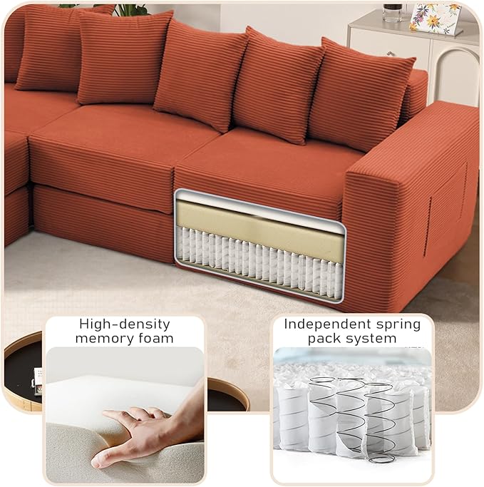 102 Upgraded L-shaped Modular Sectional Couches for Living Room Convertible Oversized Sleeper Sofa Bed-Luxury 1.5 Queen Bed. 11-in-1 Multifunctional Corduroy Boneless Folding Futon Couch Orange.