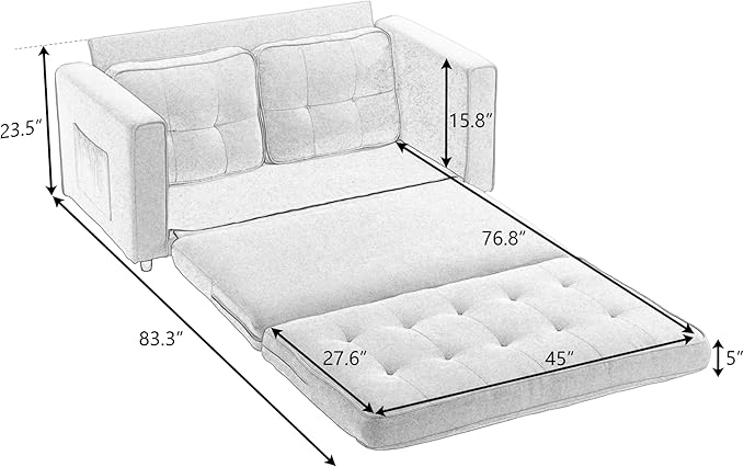 ERYE 55-Inch Loveseat Sofa with Pull Out Sleeper Couch Bed 3-in-1 Convertible Sleeper Sofabed W/Side Storage Pockets Modern 3 Fold Tufted Upholstered Pull Out Sofa Bed for Living Room Bedroom