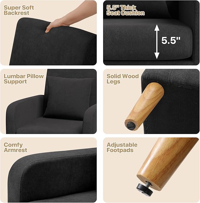 MoNiBloom Accent Chair with Back Pillow Upholstered Club Arm Chair Modern Living Room Chair with Wooden Legs for Bedroom Corner Living Room Reading Nook Black