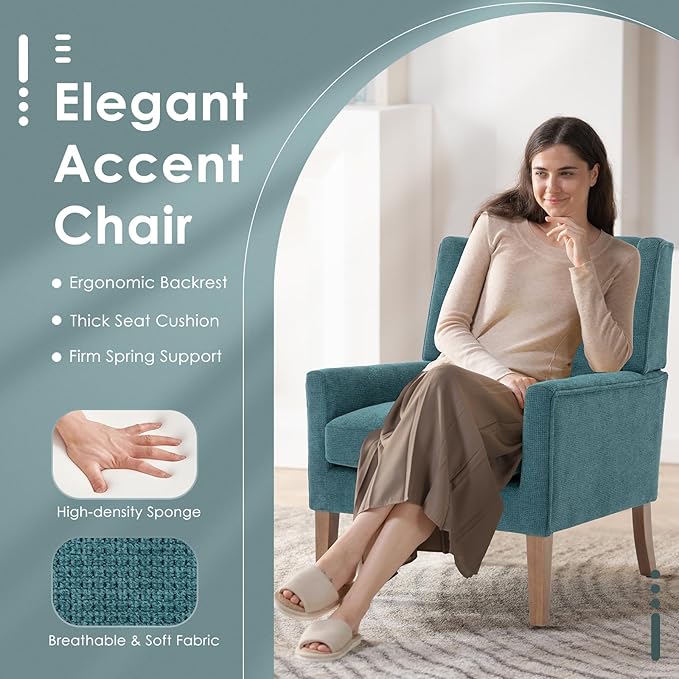 COLAMY Modern Wingback Living Room Chair Upholstered Fabric Accent Armchair Single Sofa Chair with Lounge Seat and Wood Legs for Bedroom/Office/Reading Spaces Teal