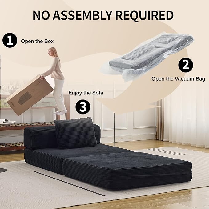 Folding Sofa Bed Convertible Sleeper Chair with Pillow Single Sofa with Back Support Portable Fold Out Chair Cloud Couch Bed Comfy Floor Sofa Lounge for Living Room Bedroom Black
