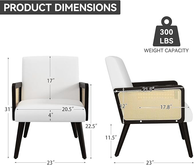 Accent Chair with Rattan Arms Living Room Chairs with Wood Legs Modern Armchair for Bedroom Lounge Chair Indoor for Reading Room Kitchen White