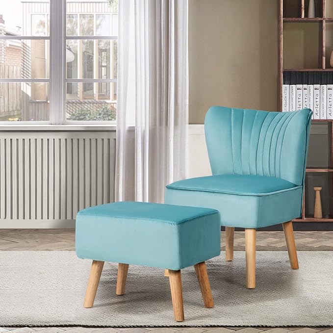 Giantex Velvet Accent Chair with Ottoman Modern Tufted Upholstered Chair with Footrest Firm Wood Legs Leisure Single Club Chair Set for Living Reading Room Bedroom (Turquoise)