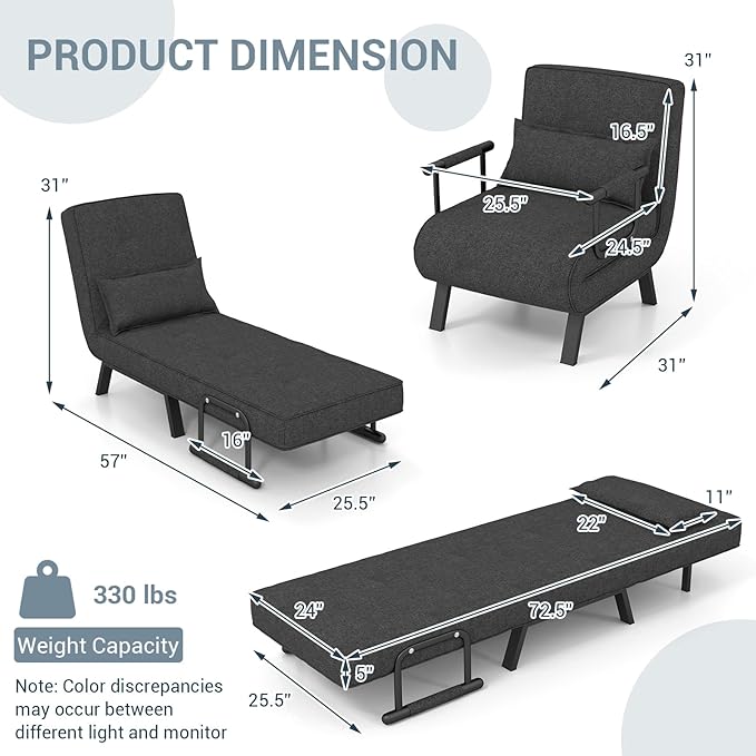 POWERSTONE Convertible Sleeper Chair Bed 4 in 1 Living Room Reading Chair with Pillow Wide Cushion Arm and Adjustable 5 Position Backrest Single Sofa Bed Dark Grey