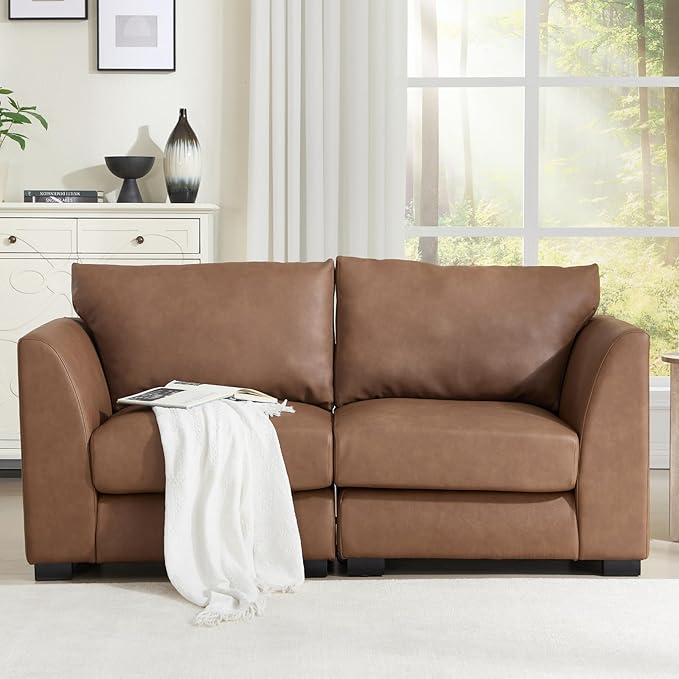 CIMOTA 60 Cloud Couch Modular Loveseat Sofa Faux Leather 2-Seater Couches with Deep Seats &amp Wood Frame Modern Sectional Sofa for Small Spaces/Apartment/Office PU Brown