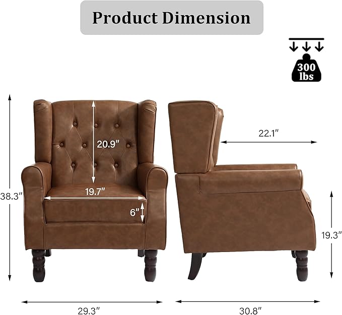 High Back Accent Chair Faux Leather High Wingback Chair for Living Room Button-Tufted Upholstered Armchair with Solid Wood Legs Comfy Single Sofa Reading Chair for Bedroom Brown