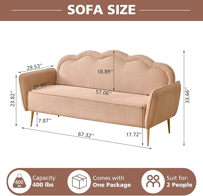 VELOCAVA 67 Loveseat Sofa Modern 2-Seater Upholstered Couch with Linen-Textured Fabric Curved Scalloped Back 7.87 Raised Legs for Living Room Apartment or Bedroom Pink
