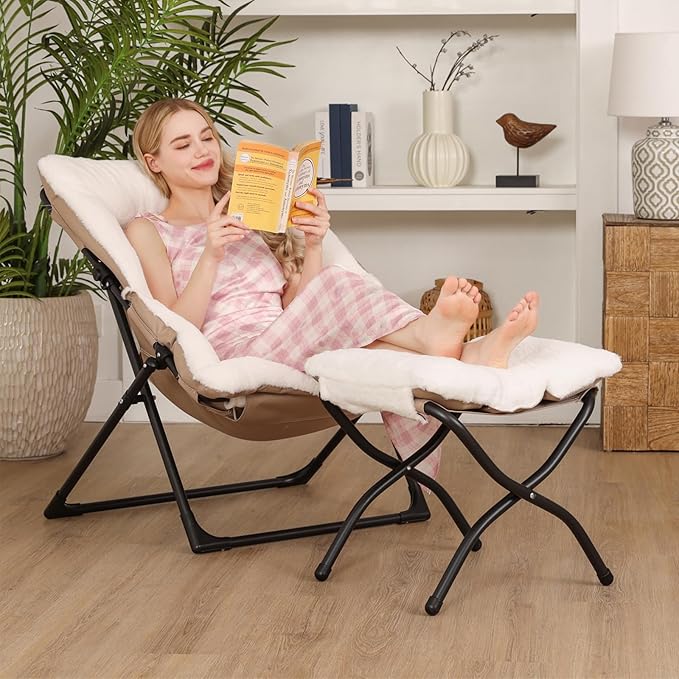 Comfy Saucer Chair for Adults Soft Faux Fur Bedroom Chair with Ottoman Accent Dorm Chairs Living Room Reading Chairs and Footstool Folding Seat for Teens X-Large White
