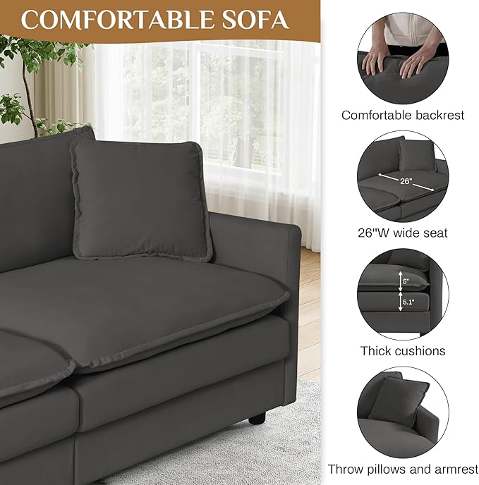 162.6 U Shaped Sectional Cloud Couch Oversized Comfy Grey Sectional Couches for Living Room Modular Couch Large Velvet Cloud Sofa with Console Bluetooth Speaker USB Ports Dark Grey