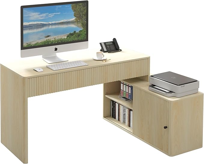 Modern Computer PC Desk Table with Storage Corner L Shaped Desk with Drawers Home Office Desk for Bedroom and Small Space for Writing Executive Study Work Vanity - Natural