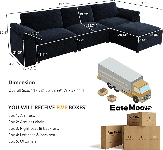EASE MOOSE Sectional Modular SofaFSC Certified Oversized L Shape Sectional Couch Wide Deep seat Sectional SofaBlue
