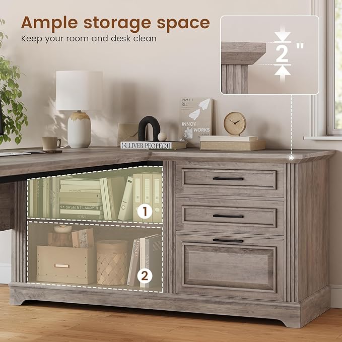 SEDETA Executive Desk 61 Farmhouse L Shaped Desk with File Drawers Office Desk with Drawers and Power Outlets Computer Desk with Storage Shelves for Home Office Grey