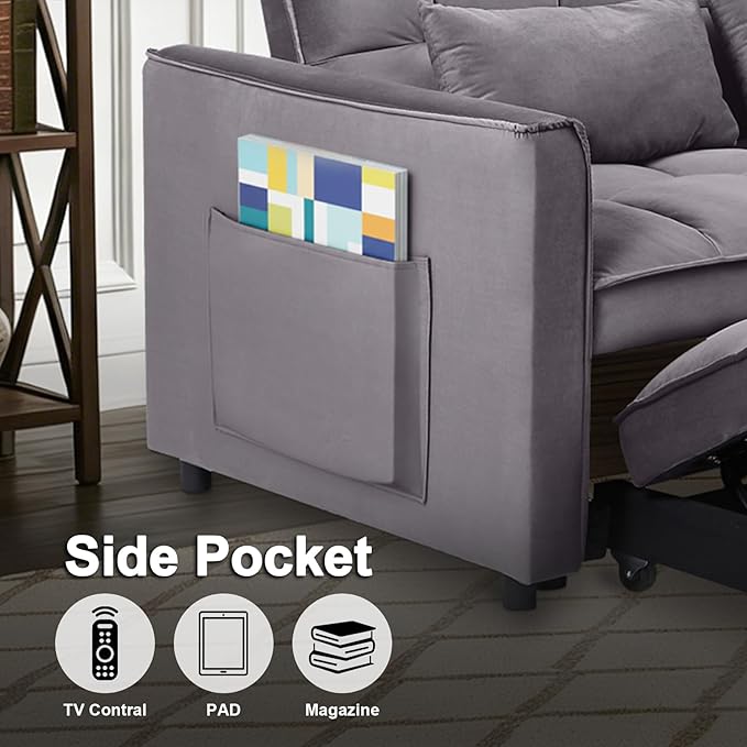 3 in 1 Convertible Sofa Bed Pull Out Couch with Adjustable Backrest Velvet Sleeper Sofa Loveseat with Pillows and Side Pockets for Living Room Bedroom Apartment Dark Grey