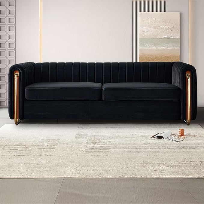 kevinplus 84.2'' Velvet Chesterfield Sofa Couch for Living Room Modern Luxury 3-Seat Upholstered Sofa Couch for Apartment Bedroom Dorm Office Strong Gold Metal Legs (Channel Backrest Black)