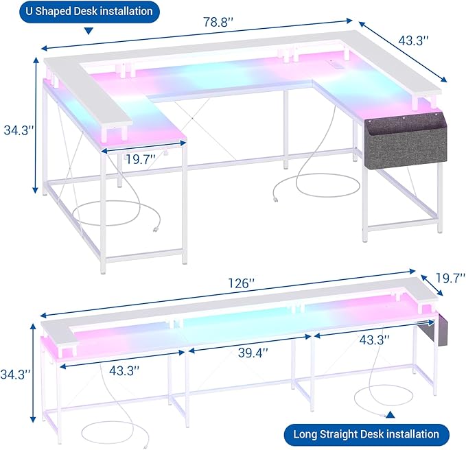 78 Inch Large Computer Desk with Power Outlets &amp USB Ports u Shaped Corner Desk with RGB LED Lights Monitor Stand &amp Storage for Home and Office White