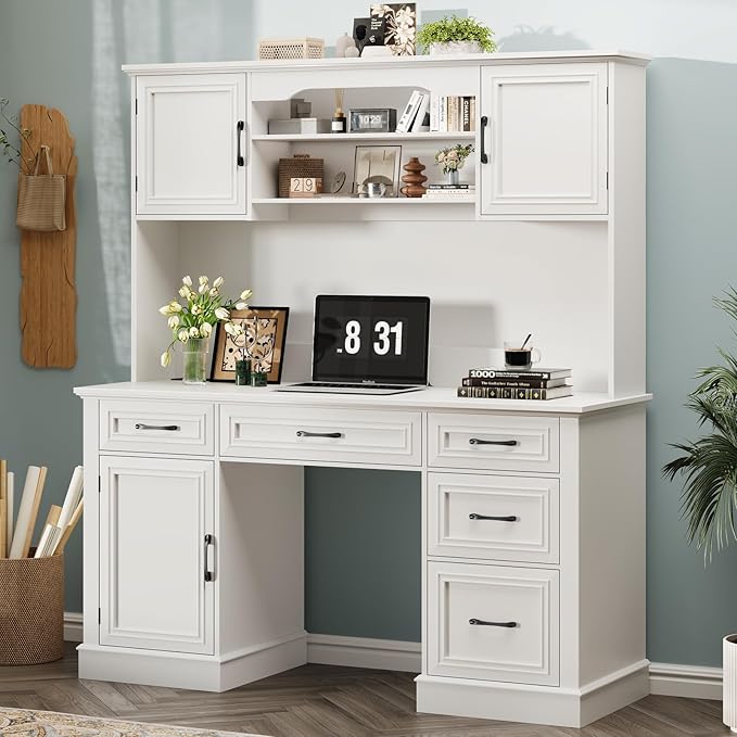 67H Farmhouse Executive Desk with Hutch.Wood Workstation with 5 Drawers Storage Cabinet File Drawers and Charging Station Ideal as Office Desks Computer Desk for Home Office and Study.Cream White