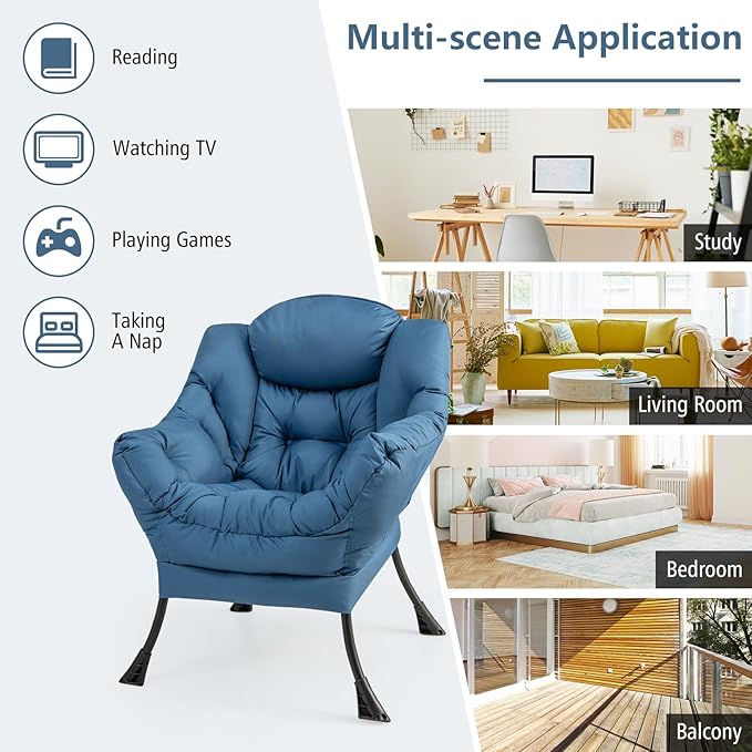 GORELAX Lazy Chair with Ottoman Modern Accent Chair w/Armrests &amp Side Pocket Upholstered Lounge Sofa Chair &amp Folding Footstool Set Reading Chair for Bedroom Living Room Dorm Room (Navy)