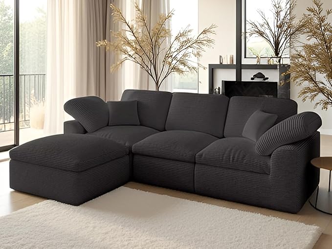 Cloud Sectional Couches for Living Room 4 Seater Cloud Modular Couch L Shaped Corduroy Sectional Sofas with Ottoman Boneless Comfy Sofa for Apartment No-Assembly Grey