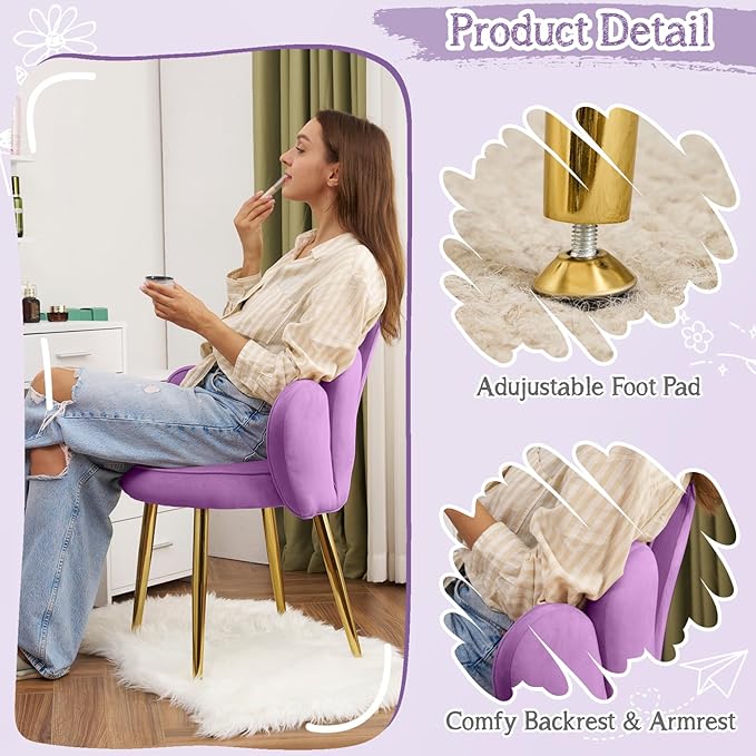 VINGLI Petal Makeup Vanity Chair with BackFlower Cute Girls Desk Chair Comfy No WheelsModern Dining ChairSmall Accent Chair with Adustable Gold Legs&ampBow Pillow for Home OfficeBedroomVelvetPu