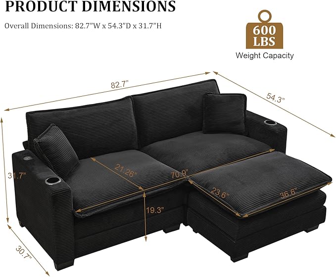 KIVENJAJA Corduroy Cloud Sectional Couch Modular Oversized Loveseat Sofa with Ottoman Cup Holders &amp USB Port Comfy 2 Seater Love Seat for Living Room Small Space 82.7”W Black