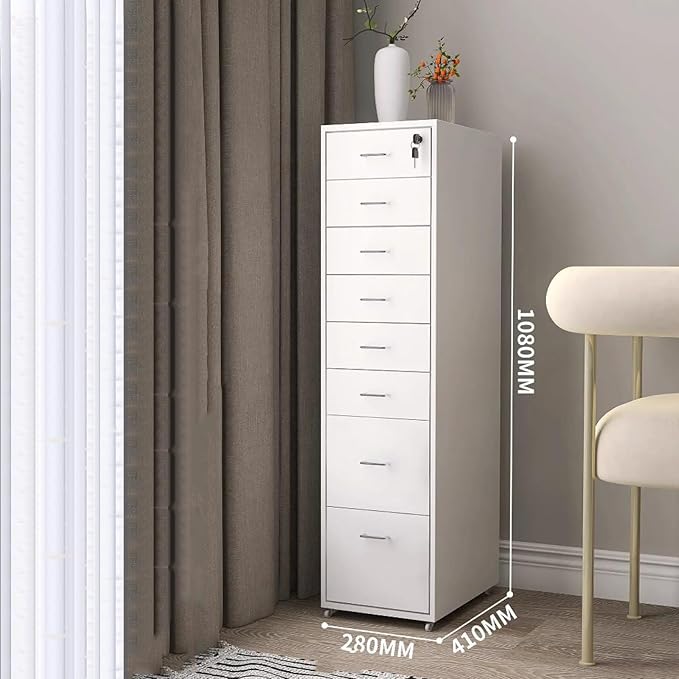 Locking File Cabinet Eight Drawer Cabinet Office Locking Storage Cabinet Iron Data Cabinet File Cabinet (Color : White)