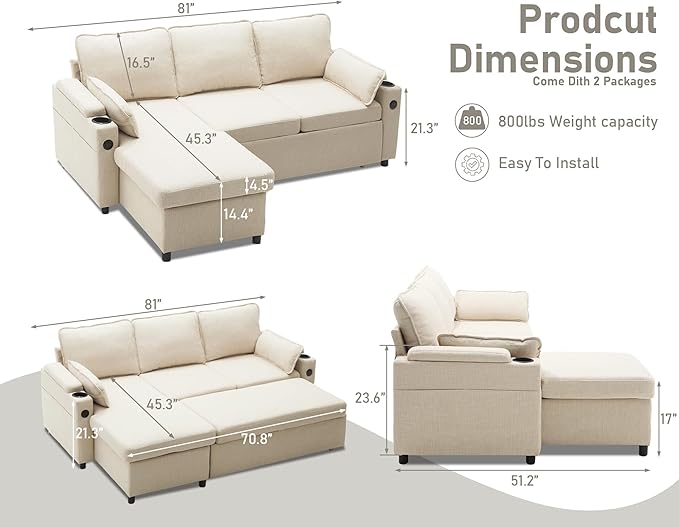 DURASPACE Sofa Bed Sleeper Pull Out 2 in 1 Sectional Sleeper Sofa Couches with StorageUSB Cup HolderPullout Sectional Couches for Apartment Living Room (Beige)