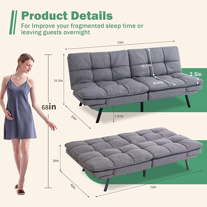 Vyfipt Futon Bed/CouchGrey Polyester Memory Foam Small Splitback Easy-Convert Backrests&ampArmrestsStain-Resistant Fabric Sofas 71x33x31.5