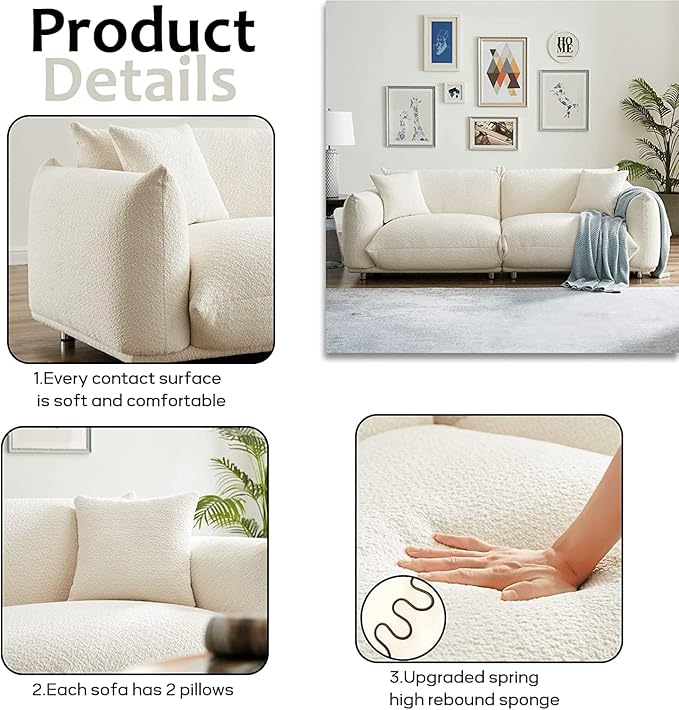 Hison Modern 86 Inch White Lambswool Sofa 3 Seater Upholstered Couch with Solid Wood Frame Deep Seat Comfortable &amp Sturdy
