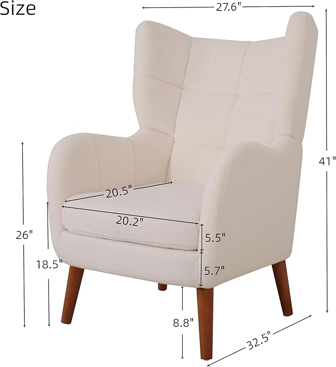 Mid-Century Accent Chair Ivory White Modern Retro Club Chair Birch Frame Upholstered Teddy Wool Fabric Single Sofa Armchair for Small Spaces Living Room Bedroom Reading Corner BalconyOffice
