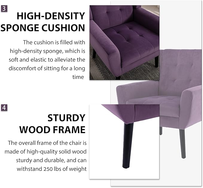 Dolonm Midcentury Modern Velvet Accent Chair with Arms Upholstered Reading Side Chair Tufted Back Decorative Wingback Chair for Living Room Bedroom (Lavender Purple)
