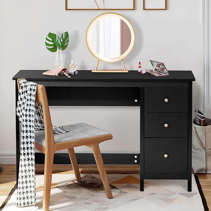 Computer Desk with Drawers 48’’ x 20’’ x 29.5’’ Home Office Computer Workstation Modern Executive Desks Teens Writing Study Table Laptop Desk for Bedroom Study Small Space (Black)