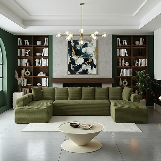 145 Modular Sectional Sofa Oversized U-Shaped Deep Seat Corduroy Cloud Couch with Fixed-Shape Frame Sleeper Sofa Couch Boneless Couches for Living Room No Assembly RequiredSofa in A BoxGreen