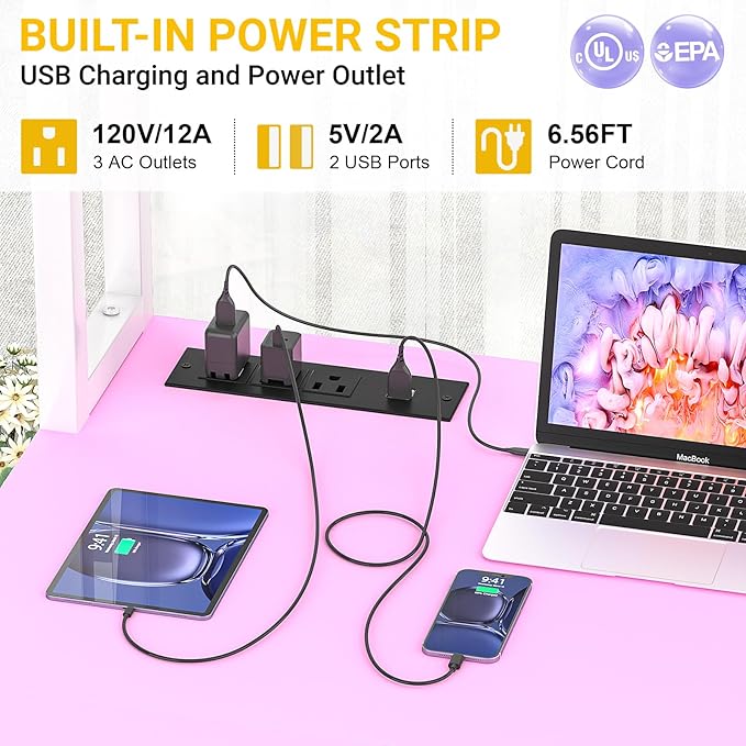 Aheaplus L Shaped Desk with Power Outlet L Shaped Gaming Desk with Led Light &amp Hutch Reversible Home Office Desk Corner Computer Desk with Monitor Stand &amp Storage Shelves Pink